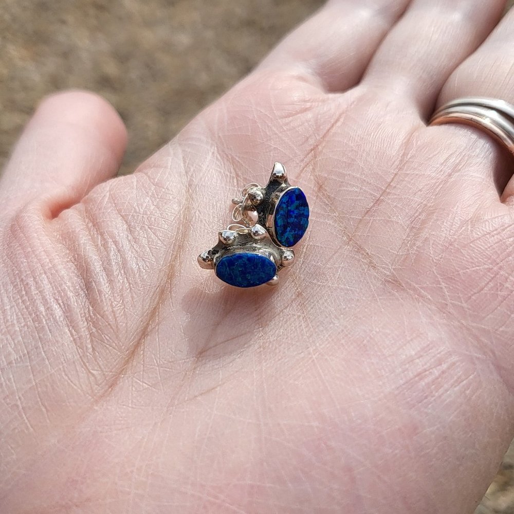 Native American Turtle Blue Opal Stud Earrings Zuni Sterling Handmade Jewelry‎ - Picture 5 of 5